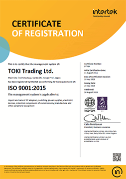 Certificate of registration Toki Trading Ltd. ISO9001:2015